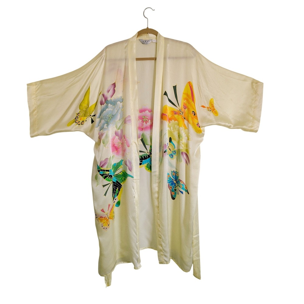 Vintage 90s Retro Boudoir Fairycore Asian Butterfly Butter Yellow 100% Silk Robe